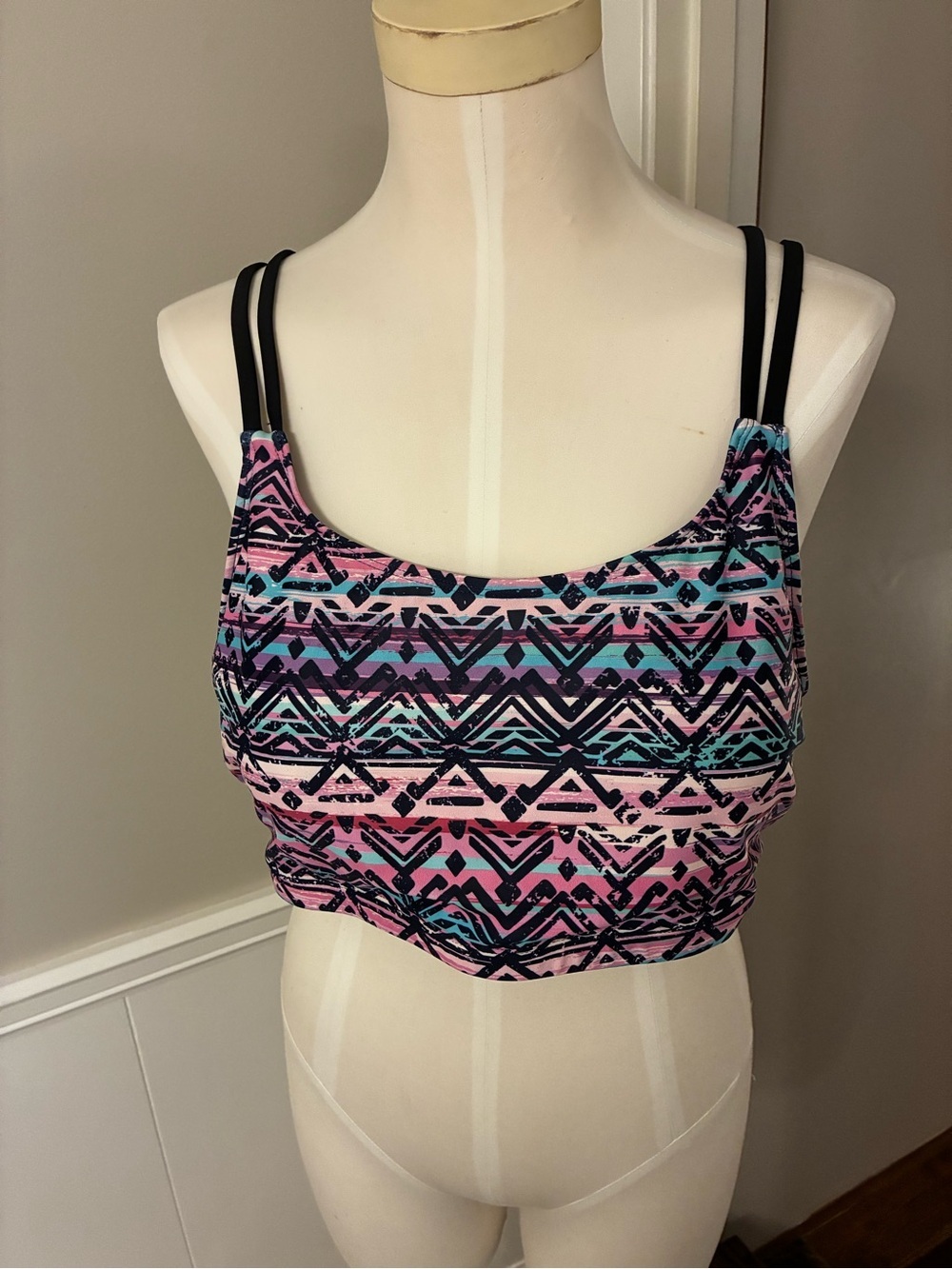 Multi-Color Geometric Crop Bikini Top - Pink & Teal